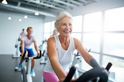 Smiling happy healthy fit slim senior woman with grey hair