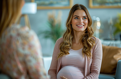 Obstetrician doctor visiting happy pregnant patient woman