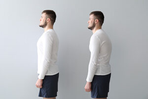 Young man with bad and proper posture on grey background